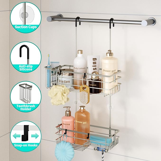 HapiRm Hanging Shower Caddy Organizer - No Drilling Shower Shelves with Hooks and Toothbrush Holder, Rustproof 304 Stainless Steel Bathroom Organizer - Brushed Nickel