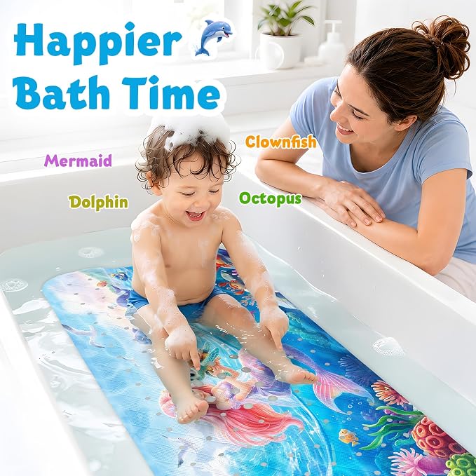 XIYUNTE Baby Bath Mat for Tub Non Slip Kids, BPA Free Extra Long Bathtub Mat 40x16 with Drain Holes and 200 Suction Cups, Non Toxic Machine Washable Toddler Bath Mat, Eco-Friendly Certified