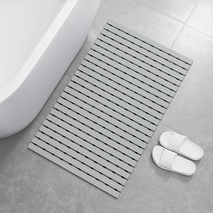 OTHWAY Large Shower Mat, 35.4 x 24 Inch No Suction Cup Shower Mat Non Slip, Quick Drain Shower Mats for Inside Shower, Heavy Duty PVC Shower Floor Mat, Curlable Shower Stall Mat (Light Grey)