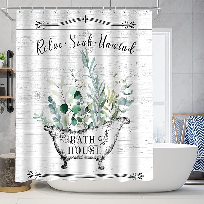 Nkzply 4 Pcs Farmhouse Shower Curtain Rustic Bathroom Sets with Shower Curtain and Rugs Floral Shower Curtain Set Green Leaves Bathroom Decor Vintage Bathroom Rugs Set Toilet Lid Cover Hooks