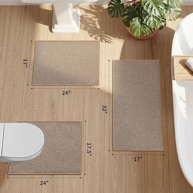 YIHOUSE Thin Bath Mat Khaki Bathroom Rugs Sets 3 Pieces, Non Slip Absorbent Bath Mats Quick Dry, Woven Braided Rugs Washable, Rubber Tapetes para Baño for Bathroom Toliet,Bathtub