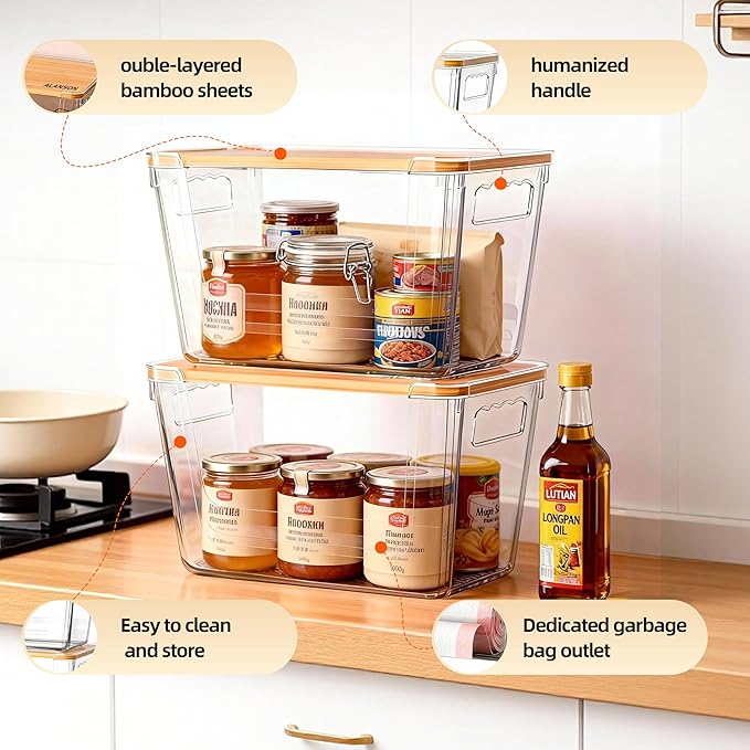 2 Pack Clear Storage Bins with Bamboo Lid, Garbage Bag Dispenser, Pantry Organizers and Storage for Onion Potato, Under Sink Organizer for Kitchen Laundry Room