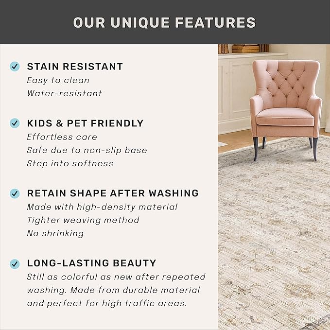 3x6 Wide Area Rugs for Hallways Non Slip, Machine Washable Rug for Kitchen Floor, Entryway, Soft Low Pile Neutral Sand Beige Décor, Geometric Floral Pattern Stain Resistant Carpet