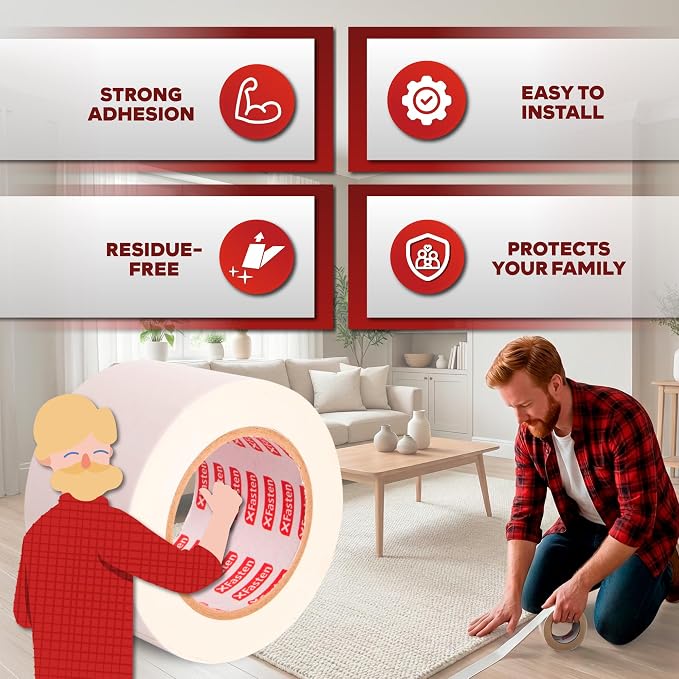 XFasten Double Sided Carpet Tape for Area Rugs, 3 Inch x 20 Yards – Heavy Duty Anti Slip Rug Grip Tape, Works as Rug Gripper, Residue Free, Wood Safe, Easy Removal for Hardwood and Laminate Floor