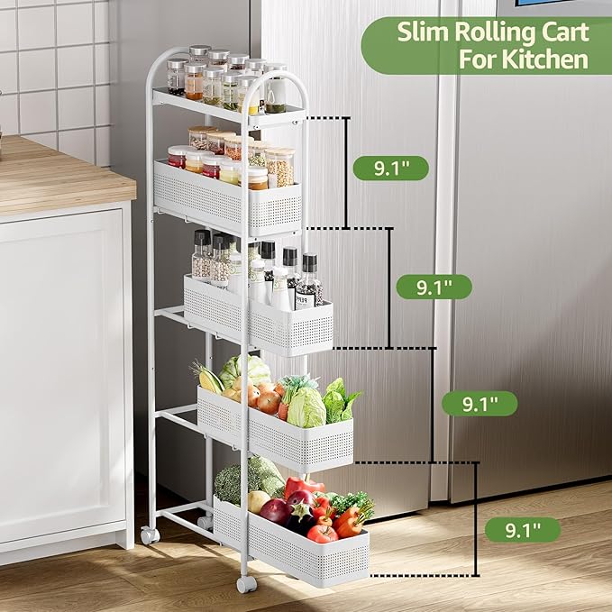 KINGRACK 5-Tier Slim Storage Cart with Pull Out Basket, Rolling Bathroom Organizer Utility, Metal Shelving Unit Slide Out, Lockable Wheels, Easy Assembly for Narrow Place, Kitchen, Laundry Room, White