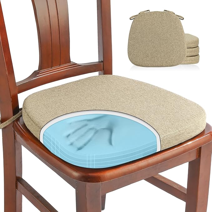 SINOSSO 4 Pack Memory Foam Chair Cushions for Dining Chairs, Friendly Woven Fabric 16" U-Shape Comfortable Kitchen Chair Pads, Removable Slip Resistant Seat Cushions (Set of 4, Linen)
