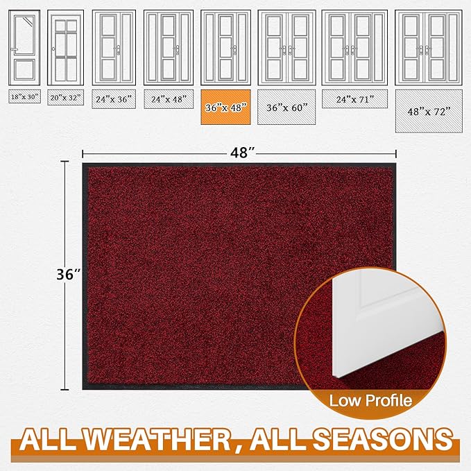 Mibao Front Door Mat Indoor Entrance, 48" x 36", Dirt Trapper Welcome Mat for Outdoor Indoor, Non-Slip Waterproof Doormat, Durable Machine Washable Low Profile Entry Rug for Back Door Outside,Red
