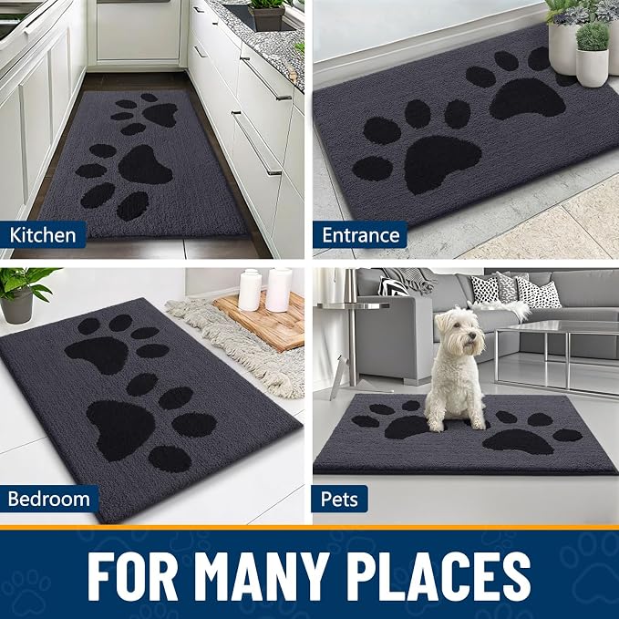 Smiry Dog Door Mat for Muddy Paws, Absorbs Moisture and Dirt, Low-Profile Entryway Mat with Non-Slip Backing, Entry Indoor Outdoor Doormat for Inside Floor (59x35 Inches, Black, Paw