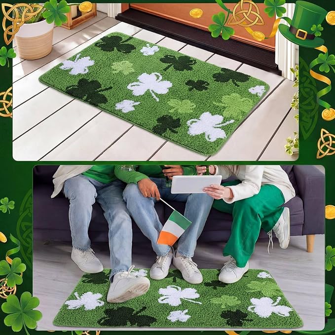 Capoda St. Patrick's Day Bathroom Rug 20 x 30 Inch Green White Shamrock Door Mat Non-Slip Washable Soft Irish Clover Welcome Floor Mat for Indoor Outdoor Home Kitchen Bathroom Decor(1 Pcs, Shamrock)