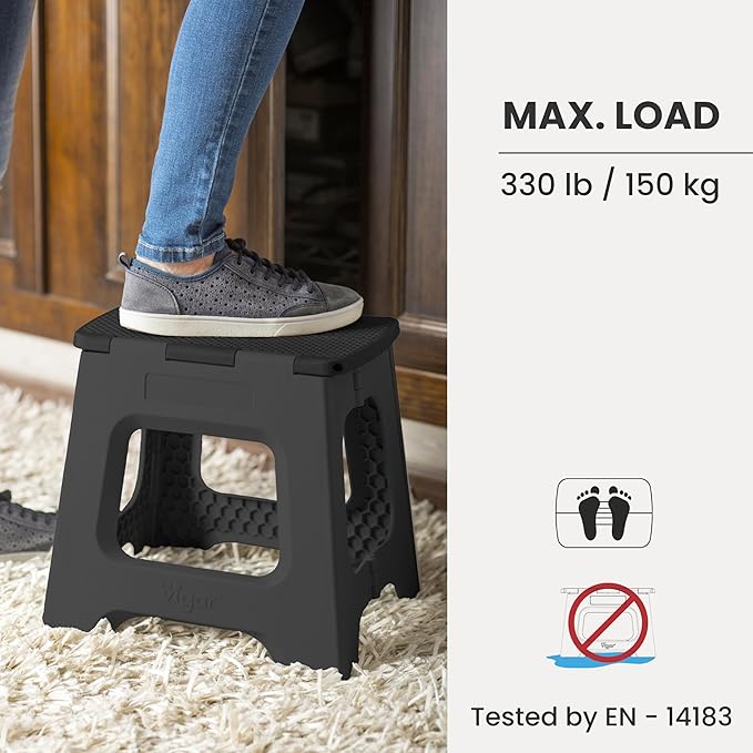 Vigar Compact Step Stool Foldable, 10-1/2-inch Step Stools for Adults up to 330 Pound, Lightweight Stool, Non-Slip Folding Step Stool, Black