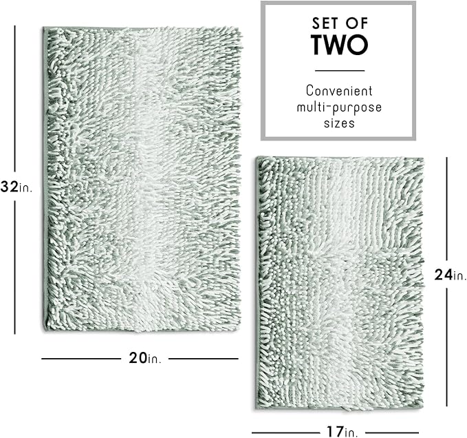 Hearth & Harbor Bathroom Rugs, Chenille Bath Mat - Machine Washable Bath Mats for Bathroom Non-Slip Backing Rubber, Quick Dry Bathroom Mat, 17 x 24 + 20 x 32 - Ombre Green