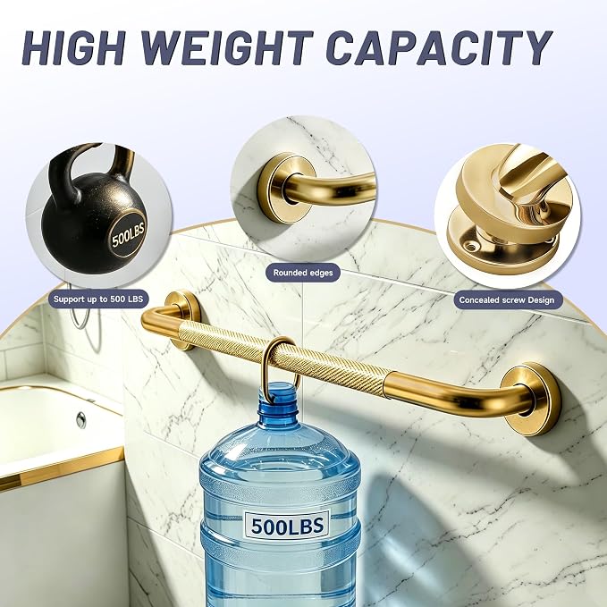 24 Inch Shower Grab Bar, Brushed Gold Anti Slip Safety Bars, 304 Stainless Steel Bathroom Handrail, Handicap Grab Bars for Wall, Shower Grip Handle for Seniors Elderly Injury Assist Bath (1.25" Dia)