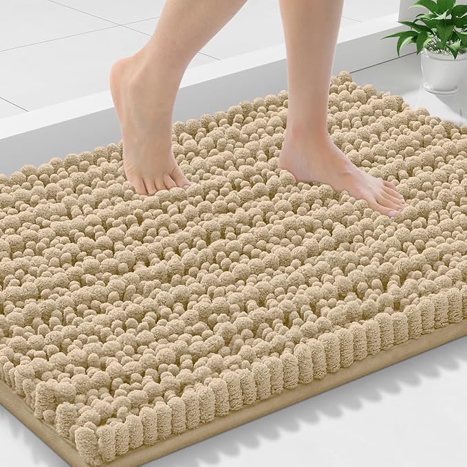 Smiry Bathroom Rugs Mat 30x18, Extra Soft Absorbent Chenille Bath Rugs, Non Slip Rubber Backing Machine Washable Quick Dry Bath Mats for Bathroom Floor, Tub, Shower, Home Decor Accessories, Beige