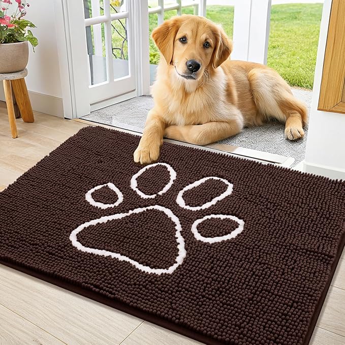 Smiry Dog Door Mat for Muddy Paws, Absorbent Dirt Trapper Non Slip Quick Dry Washable Chenille Mat for Mud Dogs, Entry Rug for Indoor and Outdoor (34x21 Inches, Brown and White)