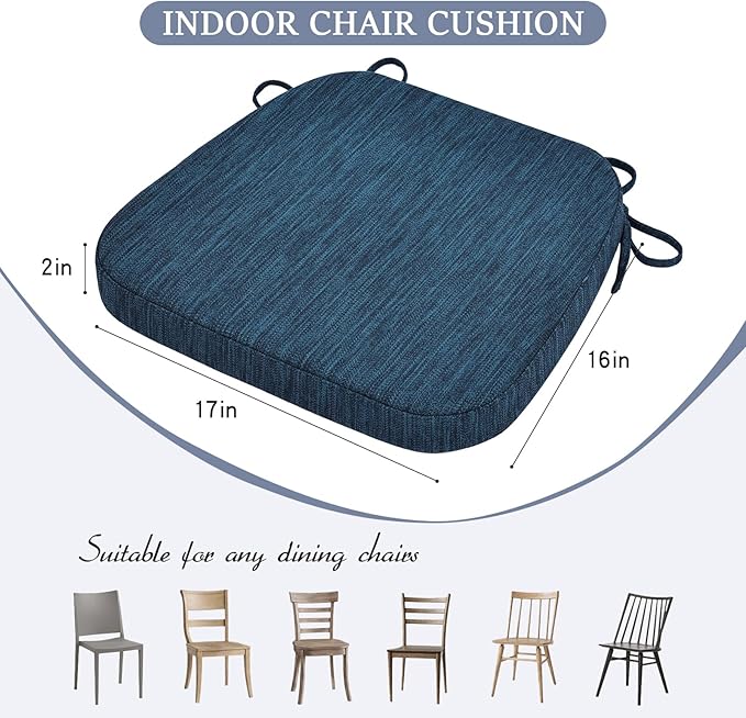 baibu Kitchen Chair Cushions Set of 4, Dual-Layer Patented Design Memory Foam Dining Chair Pads with Ties and Washable Cover, 4 Pack, 17" x 16" x 2", Blue