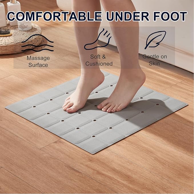 Webos Anti Slip Shower Mat for Tub & Shower Stall, 21" x 21" Square Silicone Bathtub Mat with Powerful Suction Cups, Fast-Draining, Machine Washable Soft Foldable Bathroom Mat, Grey