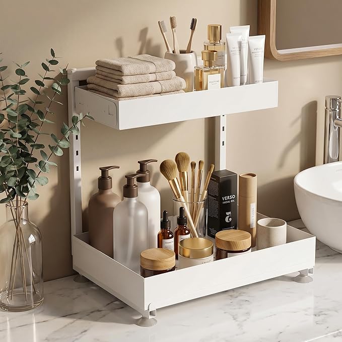 TATAANTY Under Sink Organizer 2 Pack, 2 Tier Metal Under the Sink Storage, Heavy Duty Slide out Pull out Cabinet Organizer, Height Adjustable for Kitchen Bathroom Pantry Closet Organization Rack