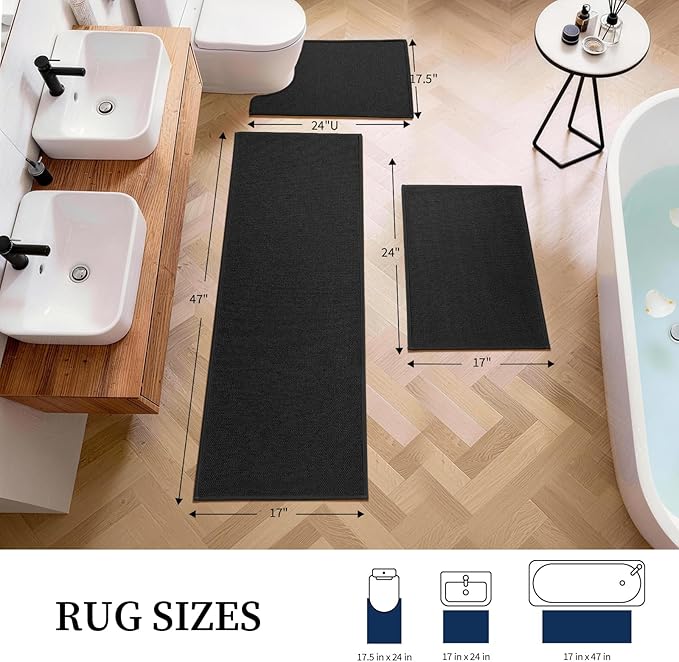 YIHOUSE Black Bathroom Rugs Sets 3 Piece, Quick Dry Thin Bath Mat with Toilet Rug, Non Slip Absorbent Machine Washable, Bath Runner Rugs for Bathtub Sink Home Decor