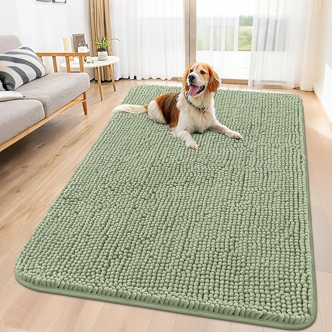 Smiry Dog Door Mat for Muddy Paws 59x35, Absorbent Dirt Trapper, Non-Slip Washable Chenille Entryway Rug for Inside Floor, Sage Green, Classic Solid