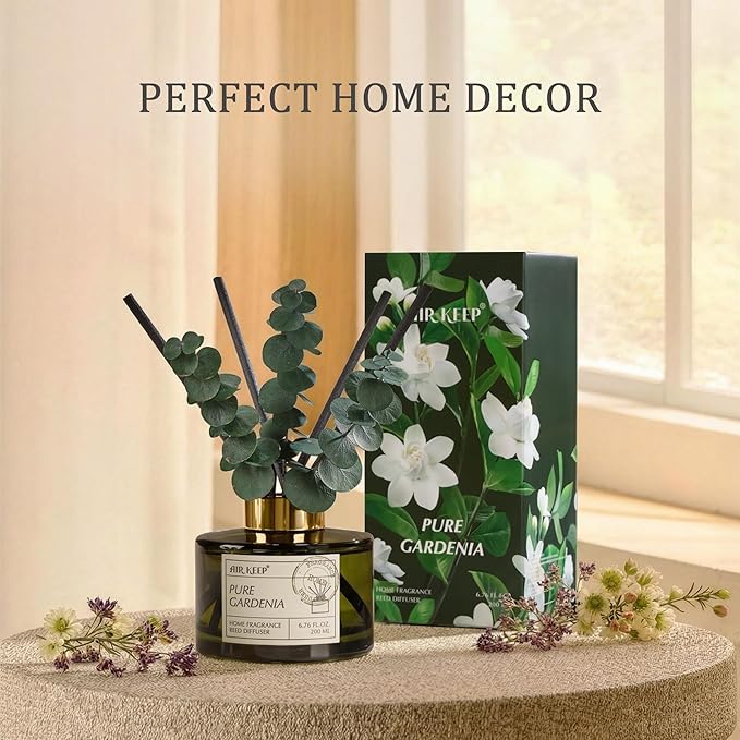Airkeep Reed Diffuser Set with 6.76 fl oz Pure Gardenia Scent Essential Oils and 3 Leaves & 8 Diffuser Sticks,Bathroom Shelf Decor & Air Freshener, House Bedroom Office Decor & Gifts