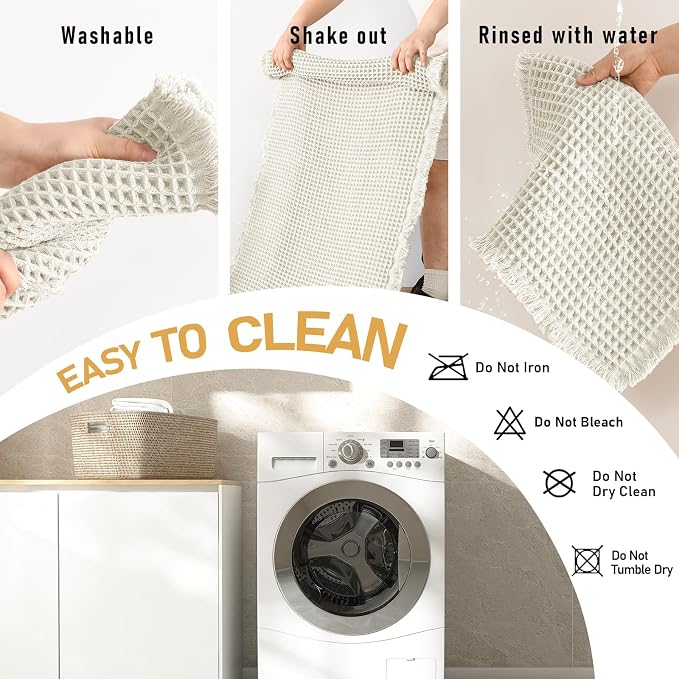 JIUZHEN Set of 2 Waffle Bath Mats Non Slip Waffle Bathroom Runner Rug Washable Boho Runner Bath Rugs Super Absorbent Shower Mat for Bathroom Kitchen Hallway Laundry, 16" x 24" +24" x 48", Ivory