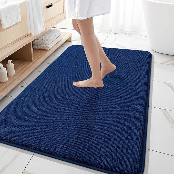 OLANLY Thick Memory Foam Large Bathroom Rugs 59x35, Extra Soft Absorbent Bath Rug, Quick Dry Bath Mats, Non-Slip, Machine Washable Carpet for Bathroom, Tub and Shower, Home Decor Accessories, Navy