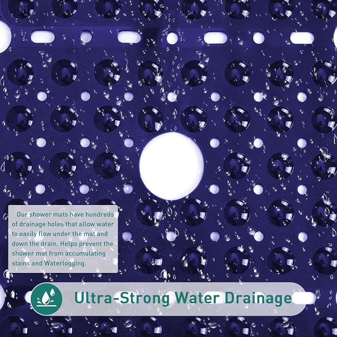 Large Square Shower Mat 27 x 27 Inch Navy Blue, Non Slip Shower Bathtub Mats for Inside Shower with Big Suction Cups Drain Holes, Anti Slip Bathroom Floor Stall Mats, Easy Clean, BPA-Free
