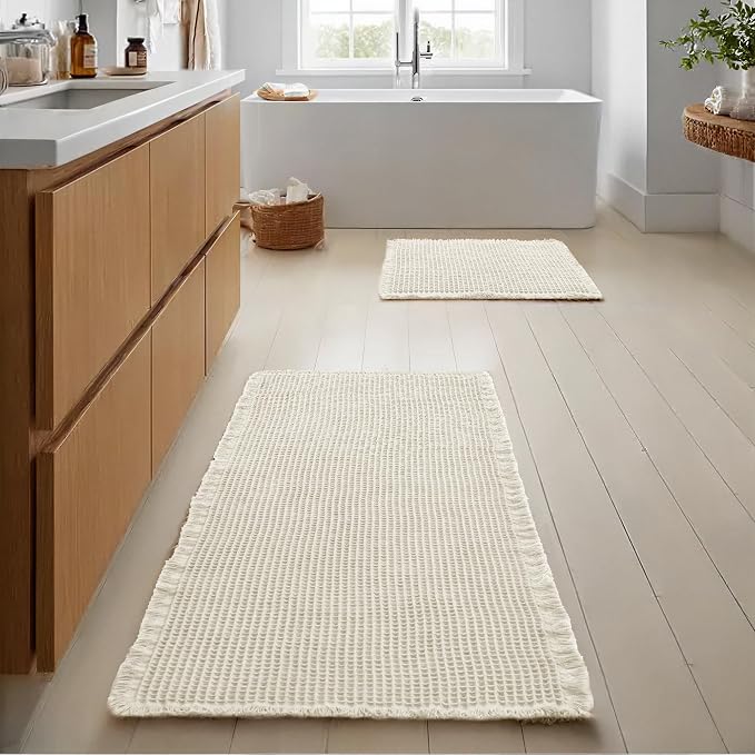 JIUZHEN Set of 2 Waffle Bath Mats Non Slip Waffle Bathroom Runner Rug Washable Boho Runner Bath Rugs Super Absorbent Shower Mat for Bathroom Kitchen Hallway Laundry, 16" x 24" +24" x 48", Ivory