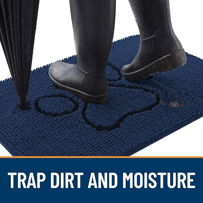 OLANLY Dog Door Mat for Muddy Paws 30x20, Paw Print Design, Absorbs Moisture and Dirt, Absorbent Non-Slip Washable Doormat, Quick Dry Chenille Mud Mat for Dogs, Entry Indoor Entryway Carpet, Dark Blue