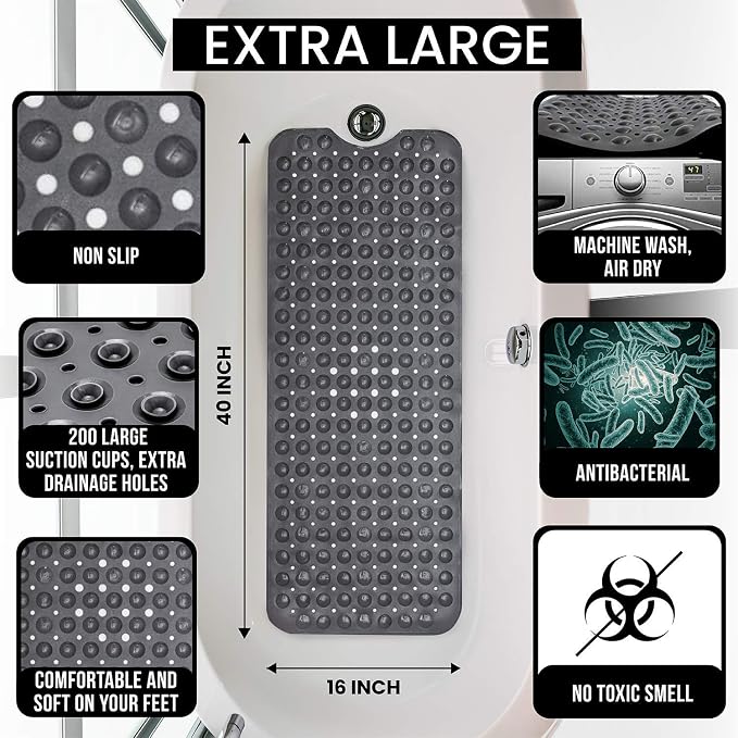 ENKOSI Bath Mat - Large Non Slip Bathtub & Shower Mat - Extra Long 40 x 16 Inch Bathroom Mats for Tub Nonslip Anti Slip Bathmats (40x16 Pearl White 1-Pack)