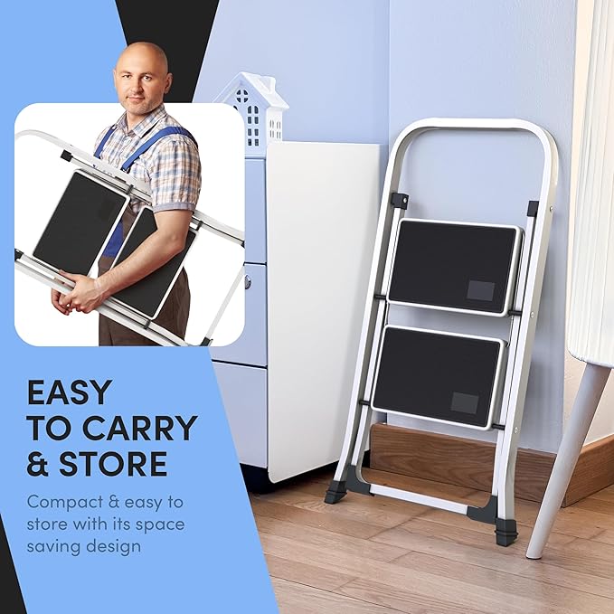 2-Step Ladder with Wide Anti-Slip Platform & Thick Rubber Feet | Heavy Duty Foldable & Portable | 330 lbs Capacity, Steel Frame, Rubber Handgrip, Folding Step Stool