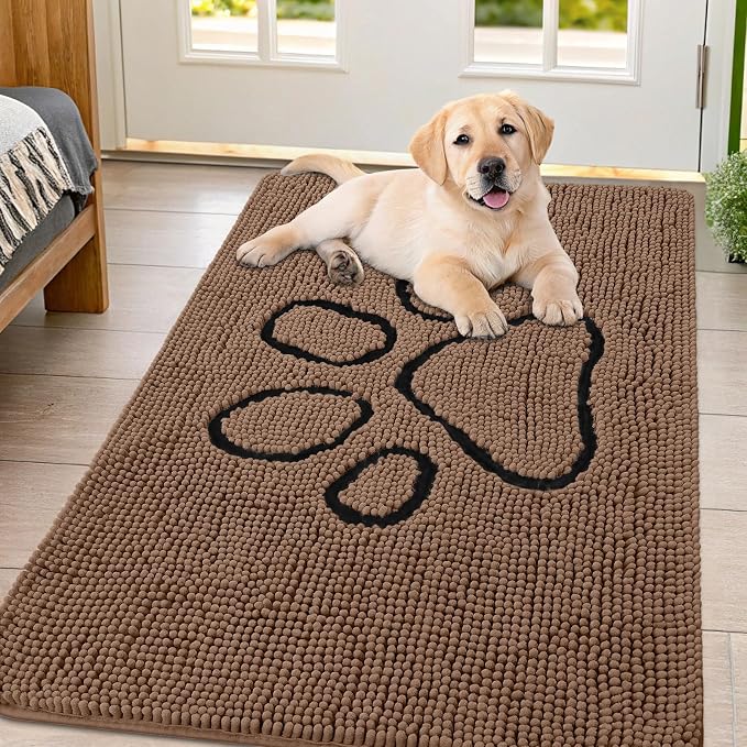 Smiry Dog Door Mat for Muddy Paws, Absorbent Dirt Trapper Non Slip Quick Dry Washable Chenille Mat for Mud Dogs, Entry Rug for Indoor and Outdoor (47x32 Inches, Coffee and Black)