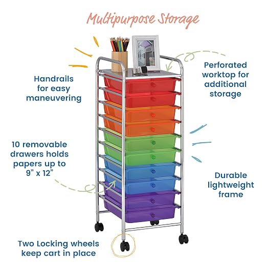 ECR4Kids 10-Drawer Value Mobile Storage Utility Cart, Craft Organizer, Assorted