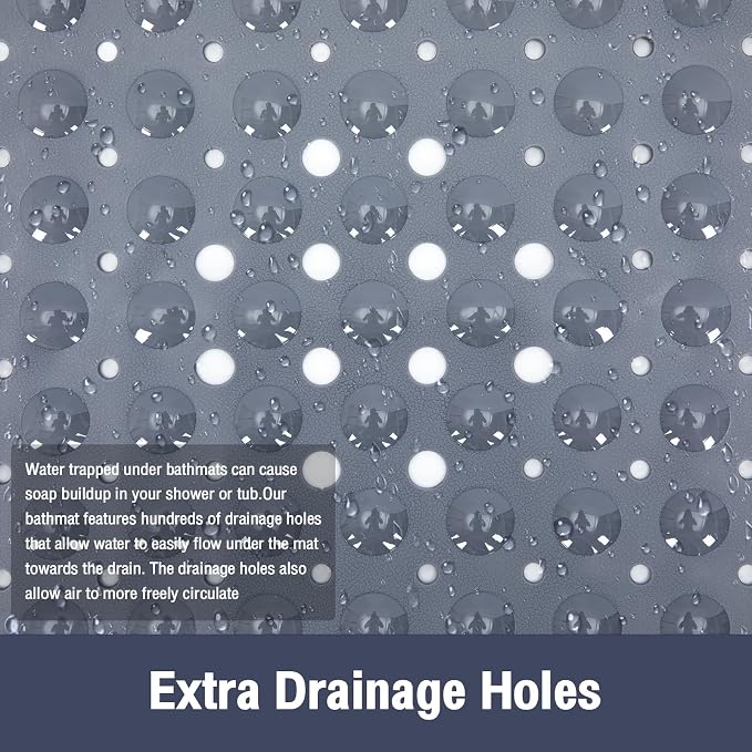 Extra Long Gray Bathtub Mat Non Slip, Soft Bath Mat for Tub 40 x 16 Inch Full Size, Bath Tub Shower Mats for Bathroom Floor with Big Suction Cups and Drain Holes, Easy Washable, BPA Free