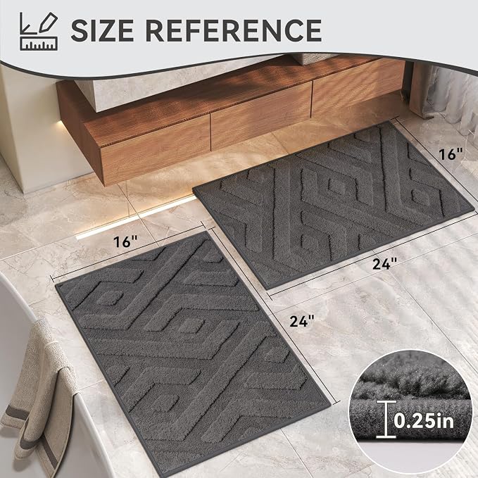 Non-Slip Bath Mat 16x24-2pc with Rubber Backing, Washable Thin Bath Mats for Bathroom Floor, Absorbent Bathroom Rugs, Quick Dry, Fits Under Door Grey