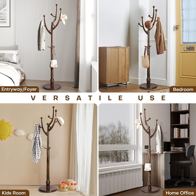 Bekrvio Coat Rack Freestanding Coat Tree with Sturdy Round Base, Unique Coat Hanger Stand, Heavy Duty Standing Coat Rack Clothes Stand for Winter Jacket, Hat, Entryway/Hallway/Bedroom, Walnut