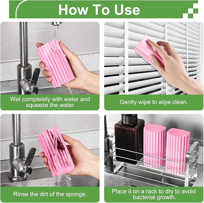 Jeymei 4-Pack Damp Clean Duster Sponge,Pink Damp Dusting Sponge,Duster Baseboard Cleaner Sponge with Ridges,Reusable Wet Duster Sponge,Household Cleaning Sponges for Blinds,Window Track Grooves