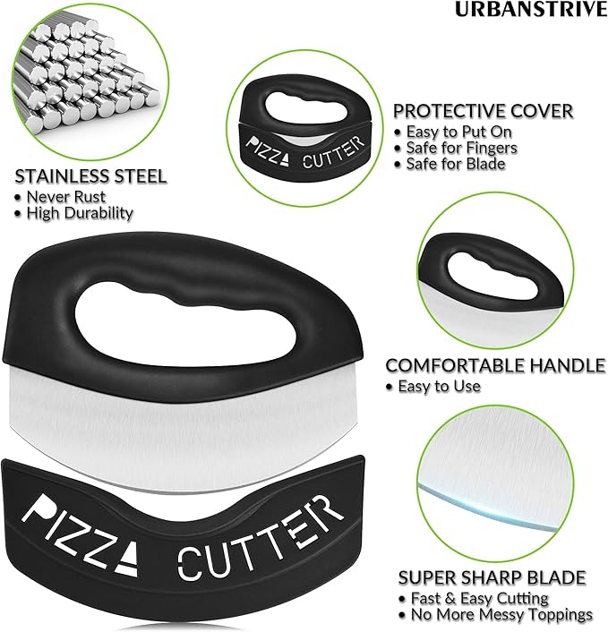 Urbanstrive Heavy Duty Stainless Steel Pizza Cutter with Cover, Super Sharp Blade Pizza Knife Pizza Cutter Rocker, Perfect Kitchen Gadgets for Pizza Cutting Home Essentials (Black)