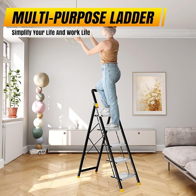 KINGRACK 5 Step Ladder, Aluminium Folding Step Stool with Anti-Slip Wide Pedals & Comfortable Handrail, 330lbs Load Capacity, Space Saving Design for Home & Kitchen, Sturdy and Portable, Silver
