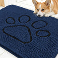 OLANLY Dog Door Mat for Muddy Paws 30x20, Paw Print Design, Absorbs Moisture and Dirt, Absorbent Non-Slip Washable Doormat, Quick Dry Chenille Mud Mat for Dogs, Entry Indoor Entryway Carpet, Dark Blue