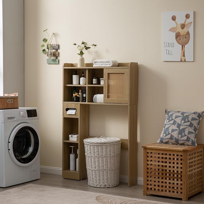 SUNTAGE 6Tier Over The Toilet Storage Cabinet, Freestanding Above Toilet Space Saver Rack w/Adjustable Shelves, Sliding Door, Multifunctional Over Toilet Organizer for Bathroom (Burlywood)