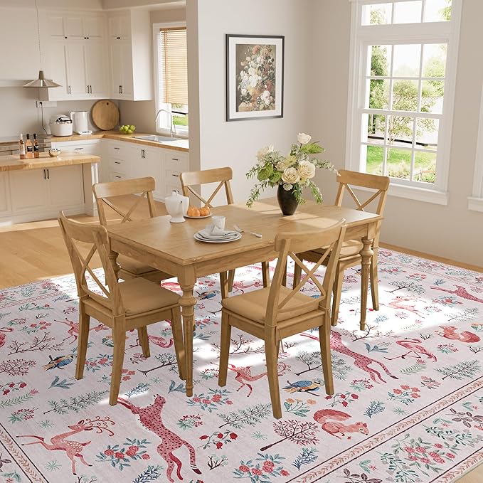 DUKINO 5x7 Rug, Washable Animal Living Room Rug with Non Slip Vintage Design, Soft Low Pile Large Carpet for Bedroom, Nursery, Dining Room, Farmhouse, Playroom, Pink