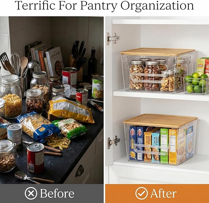 2 Pack Pantry Organizer and Storage with Bamboo Lid, Stackable Trash Bag Dispenser Under Sink Organizer for 4-33 Gal Bags, Pantry Organizers Storage for Onion, Potato, Fruit, Vegetable, Snack