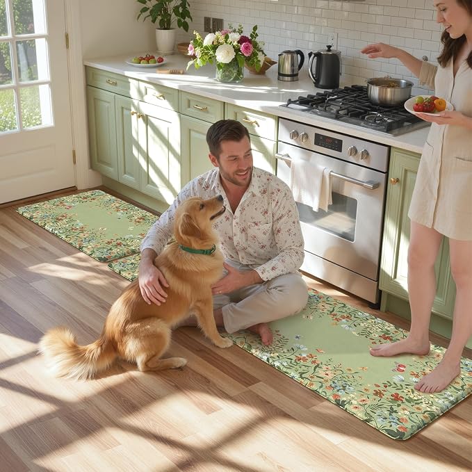 KIMODE Anti Fatigue Kitchen Mats 20"x59"+20"x32", Farmhouse Kitchen Rugs Sets of 2, Cushioned Non Skid Kitchen Mats for Floor, Comfort Kitchen Floor Mats for Sink Laundry Desk Sage Green