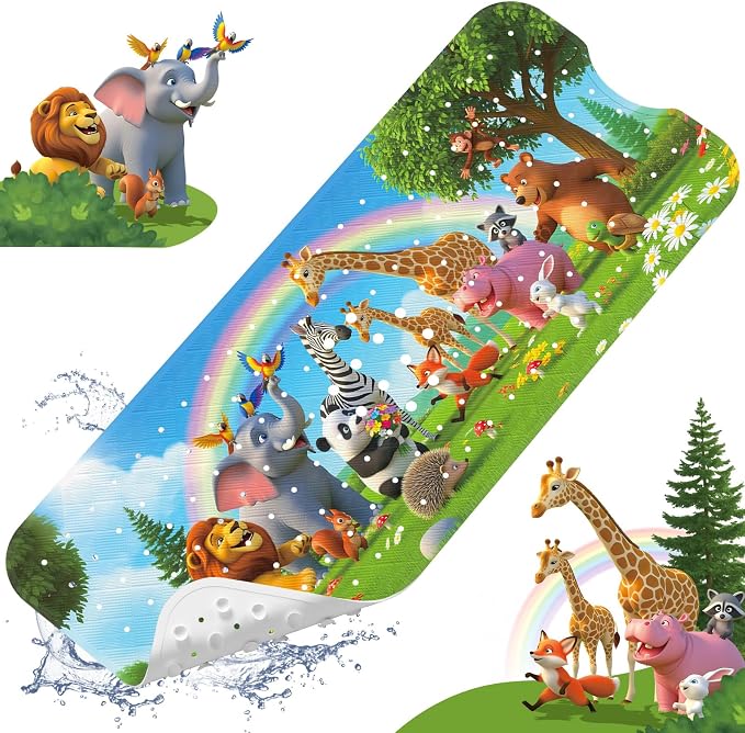 XIYUNTE Upgrade Baby Bath Mat Non Slip - 40"x16" Extra Long Kids Bath Mat for Tub Non Slip Bathtub Mat Eco-Friendly Toddler Bath Mats with Suction Cups, Machine Washable and No Fading, Animal Rainbow