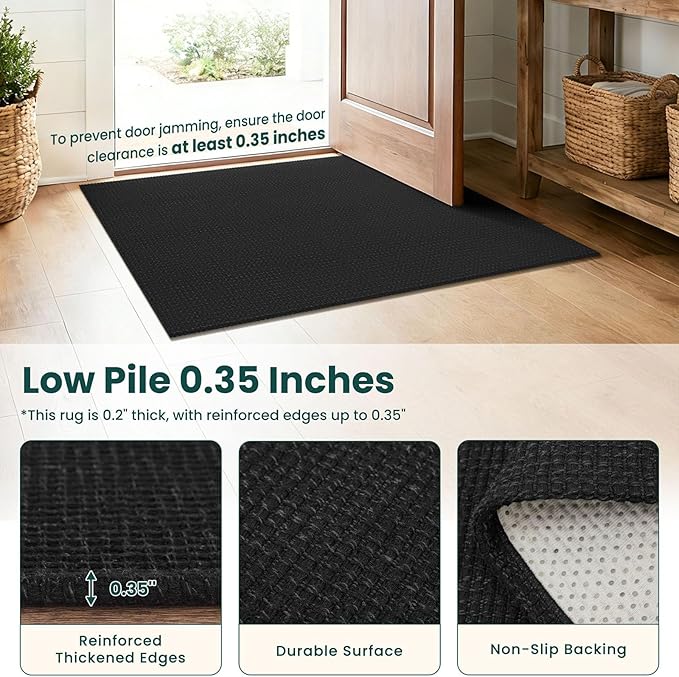 KOZYFLY Indoor Door Mat 2x3 ft Small Area Rugs Washable Front Door Mat Non Slip Rubber Backed Entryway Rug Cotton Entrance Doormat for Front Porch Bathroom Kitchen Bedroom, Black/Dark Grey