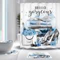 4Pcs Girly Blue Shower Curtain Set, Silver Grey Fashion Women Bathroom Curtain with Rug, Toilet Lid Cover, Bath Mat, Flower Perfume Black White Striped High Heels Shower Curtain with 12 Hooks