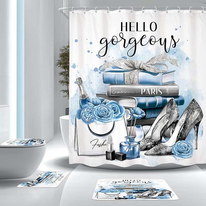 4Pcs Girly Blue Shower Curtain Set, Silver Grey Fashion Women Bathroom Curtain with Rug, Toilet Lid Cover, Bath Mat, Flower Perfume Black White Striped High Heels Shower Curtain with 12 Hooks