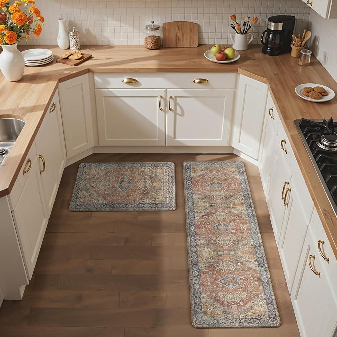 GENIMO Kitchen Mats for Floor, 2PCS Kitchen Rugs Non Slip Washable, Waterproof Anti Fatigue Mat, Comfort Standing Runner Rug for Sink, Office, Laundry, Home, 17.3"x59"+17.3"x30", RetroBrick