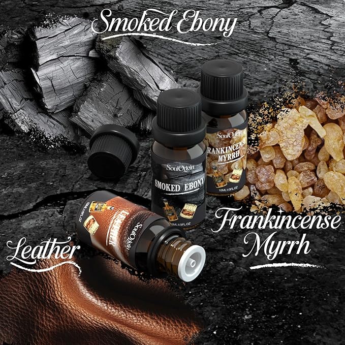 Soulorigin Gentleman Fragrance Oils Set, Essential Oil for Diffuser, Diffuser Oil, Use for Soap Candle Making, Sandalwood, Cedar, Rum, Leather, Smoky Oud, and Frankincense & Myrrh